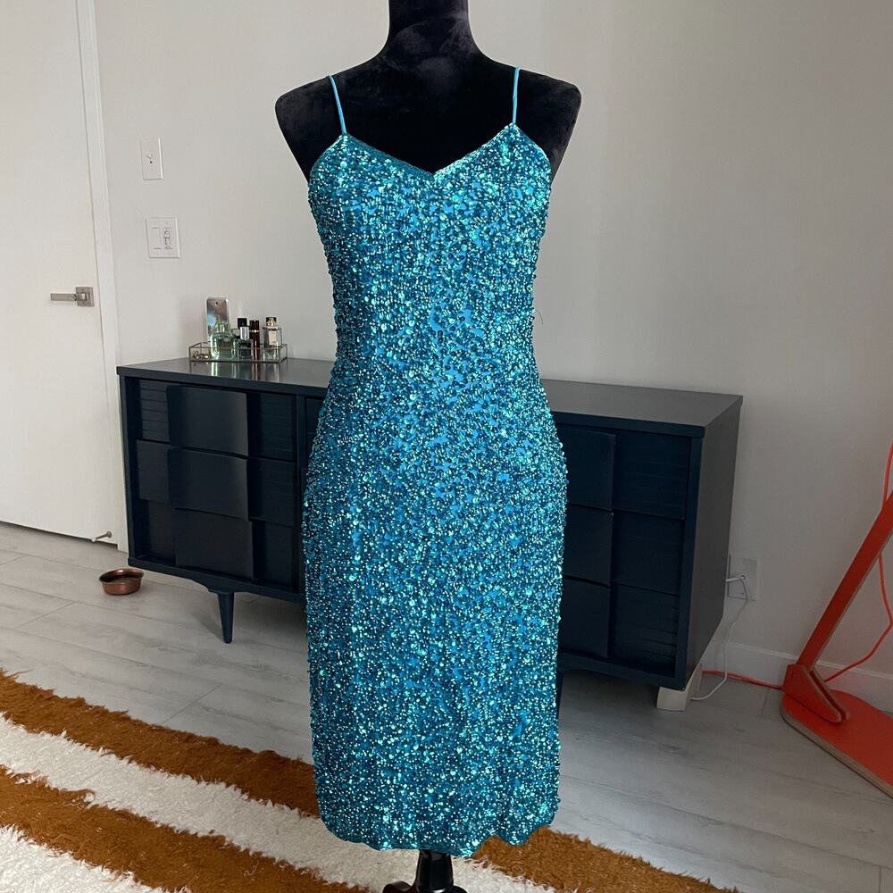 Sho Max Originals Women's Small Blue Beaded Gown Vintage Dress Silk